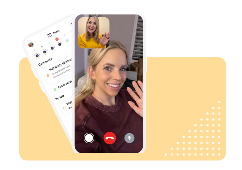 Device with two young woman on a video call talking about fitness