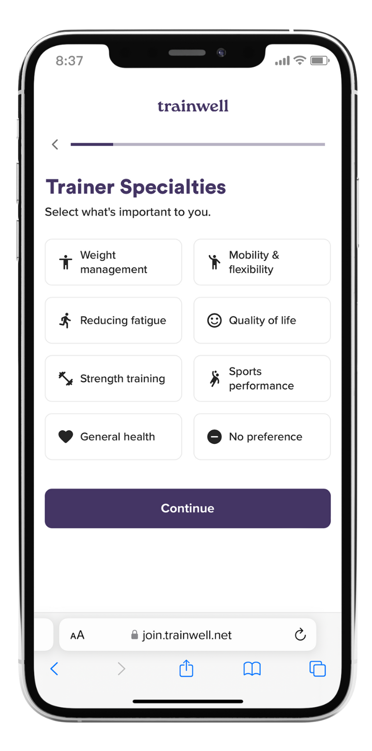 Device with fitness quiz to pair with your trainwell trainer
